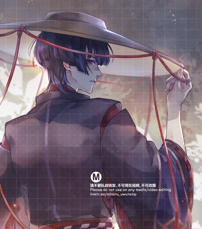 the image is a digital art piece featuring an anime character with long black hair and blue eyes, wearing a black kimono with red accents and a large black hat with a red ribbon. the background is a blurry abstract image of a landscape with a lot of white, likely implying clouds or snow. the character's face is partly obscured by the hat and their expression is contemplative. the art style is reminiscent of manga, with a soft focus and painterly brushstrokes. the overall tone is dark and mysterious, with the character's expression and the background imagery contributing to this feel.