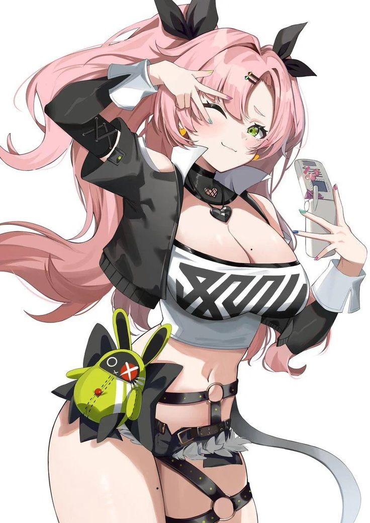 the image is a digital drawing or fanart in anime/manga style. it depicts a young woman with long pink hair styled in a high ponytail with black bows. she's wearing a black and white outfit that includes a short black jacket, a cropped striped top, a harnessstyle belt, and what appears to be thighhigh garters or leg straps. she's taking a selfie with a flip phone, winking at the camera and making a peace sign with her fingers. a small, green plush rabbit toy is attached to her hip.  her overall style is a mix of cute (kawaii) and edgy. the background is plain white.