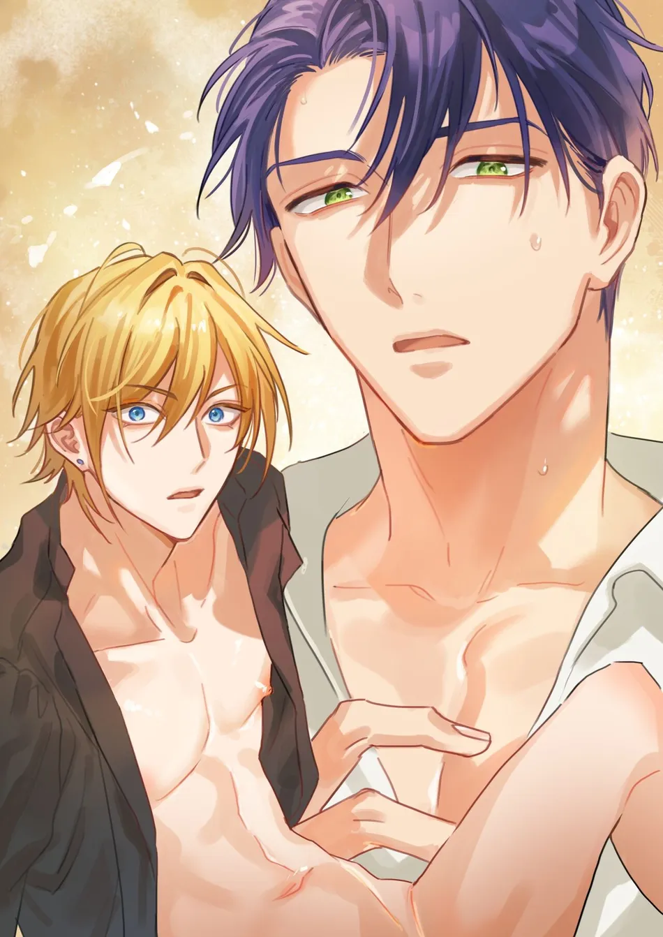 two anime boys are hugging each other. the one on the left is wearing a black shirt, while the one on the right is wearing a white shirt. they are both looking at each other with affection and happiness. the background is filled with yellow and orange light, creating a romantic atmosphere.
