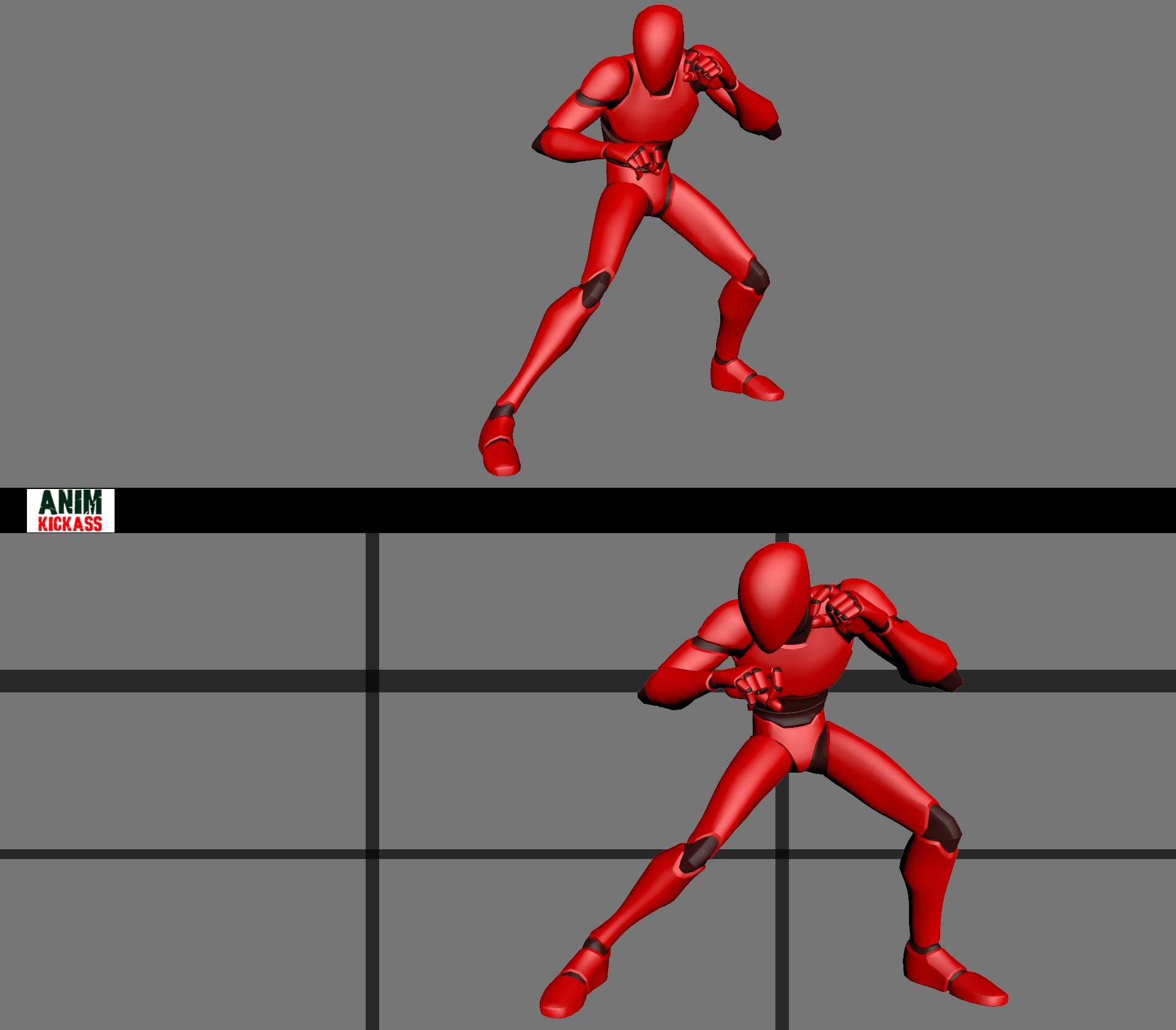 the image shows two 3d rendered red humanoid figures in a fighting stance against a gray background with a grid. the top figure is positioned above a black line, while the bottom figure is below the line with the "anim kickass" logo visible in the lower left corner. both figures have a similar pose, suggesting they might be frames from an animation sequence.