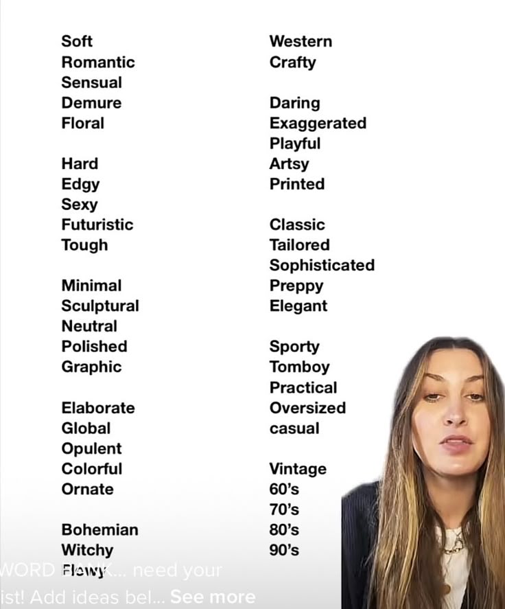 a list of stylerelated keywords, along with a woman in a video discussing the list. the keywords are divided into columns and include terms like "soft," "romantic," "western," "vintage," and specific decades like "60's," "70's," "80's," and "90's." the text suggests adding more style ideas.