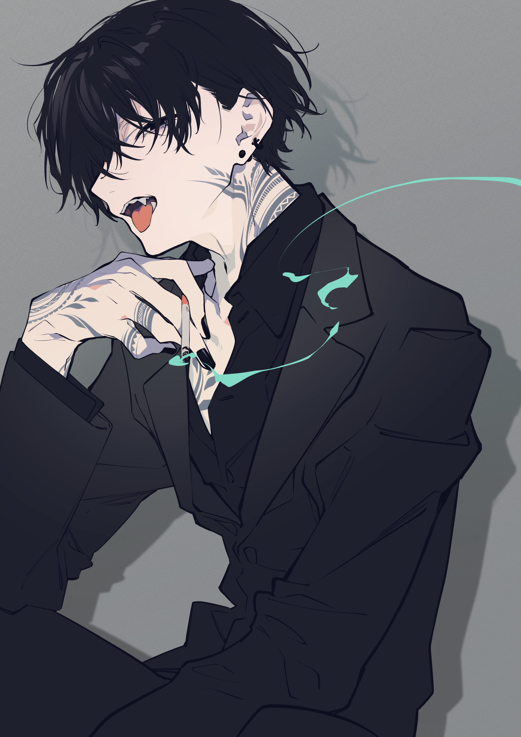 an animestyle drawing of a man with black hair, tattoos on his neck and hand, wearing a suit, sticking his tongue out, with an earring in his ear, black painted nails, and holding a lit cigarette.