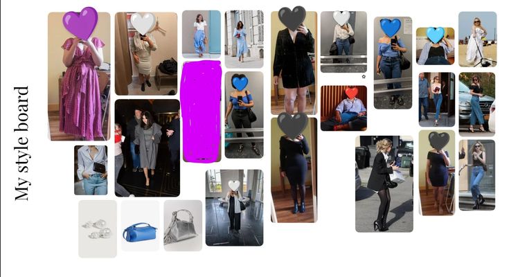 this is a style board with a variety of different outfit options. it features women in dresses, skirts, jeans, jackets, blazers, shoes, and accessories. each photo has a heart over the woman's face.