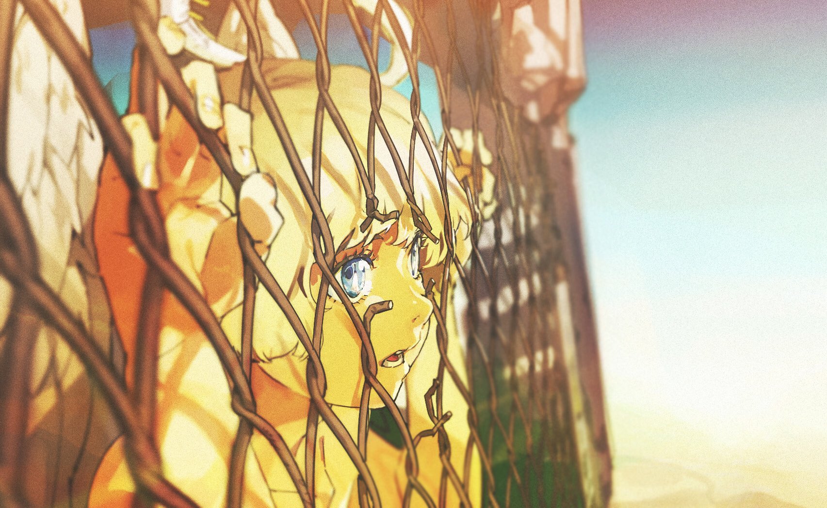 a young woman or girl with white hair and bright blue eyes is seen through a chainlink fence, her expression a mixture of sadness and longing. the sunlight creates a warm, golden glow around her, but the fence acts as a barrier, emphasizing her emotional state.  the setting appears to be outdoors, possibly at sunset.