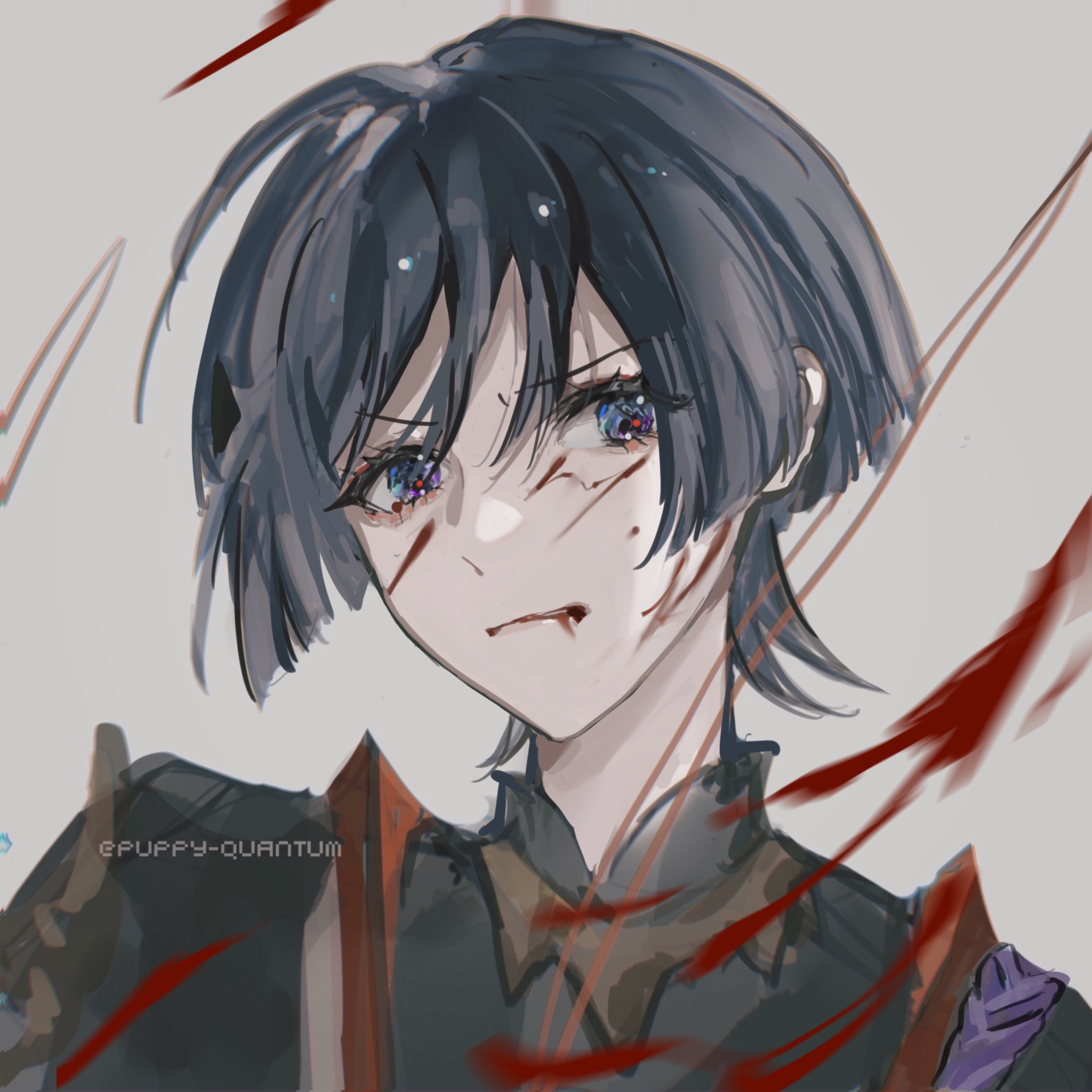 the image is a digital drawing of a young anime girl with short blue hair and blue eyes. she has blood on her face and clothing. she looks sad and injured, with her eyes wide and mouth slightly open. the background is a grey and white canvas with red streaks and brushstrokes that suggest blood splatter. the image has a dark, edgy, and dramatic tone.