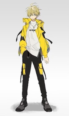 this is a digital illustration of a young anime boy wearing a yellow jacket, black pants, and black shoes. he has blond hair and is standing in a casual pose. the background is a light grey.
