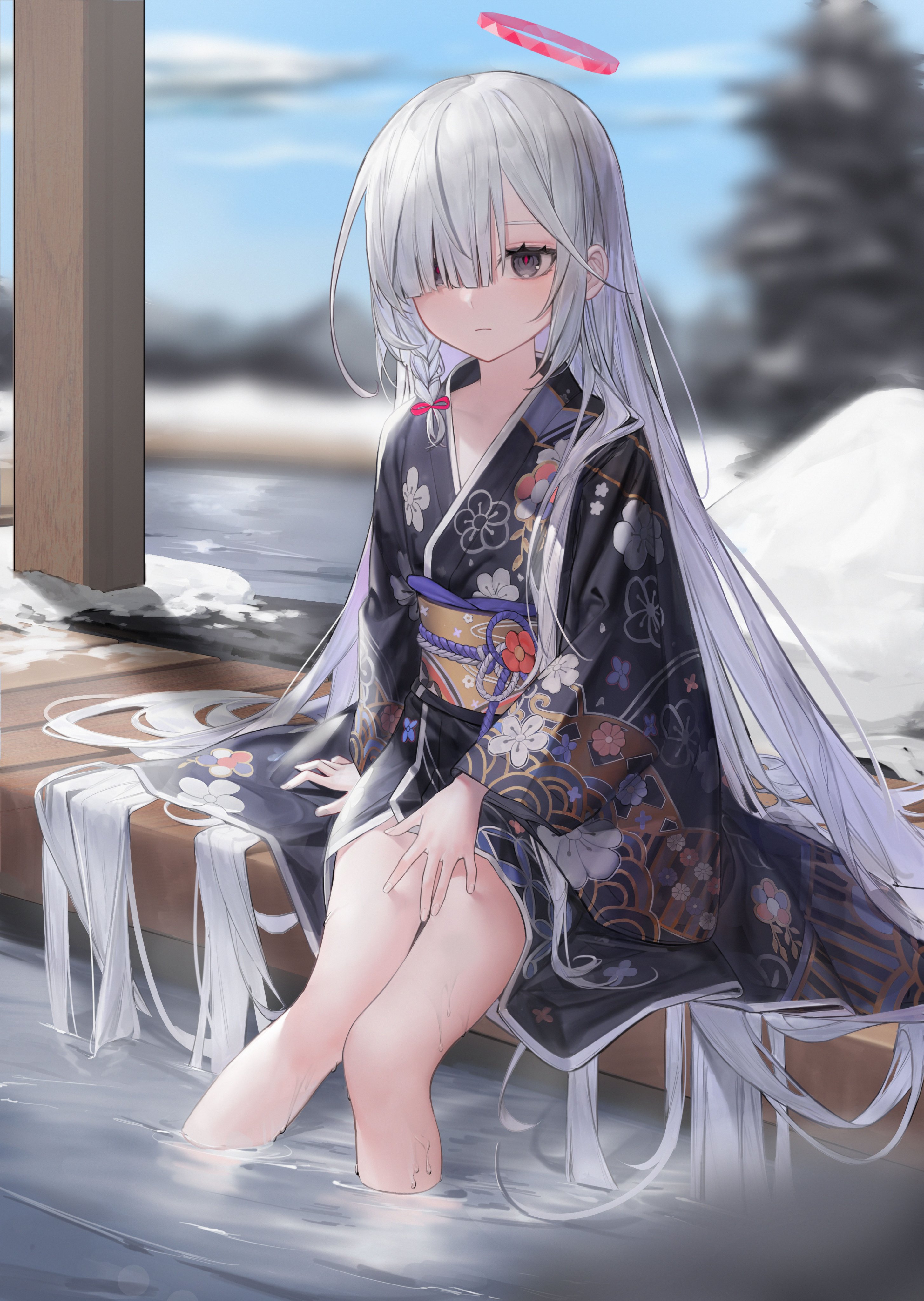 the image depicts an animestyle girl with long, flowing silver hair. she is wearing a darkcolored kimono with a floral pattern. a small, red halo rests above her head.  she's sitting partially submerged in what appears to be an outdoor hot spring or onsen, with snow visible in the background. the overall atmosphere is calm and serene.  the art style is digital painting and features delicate details in the character's clothing and hair.