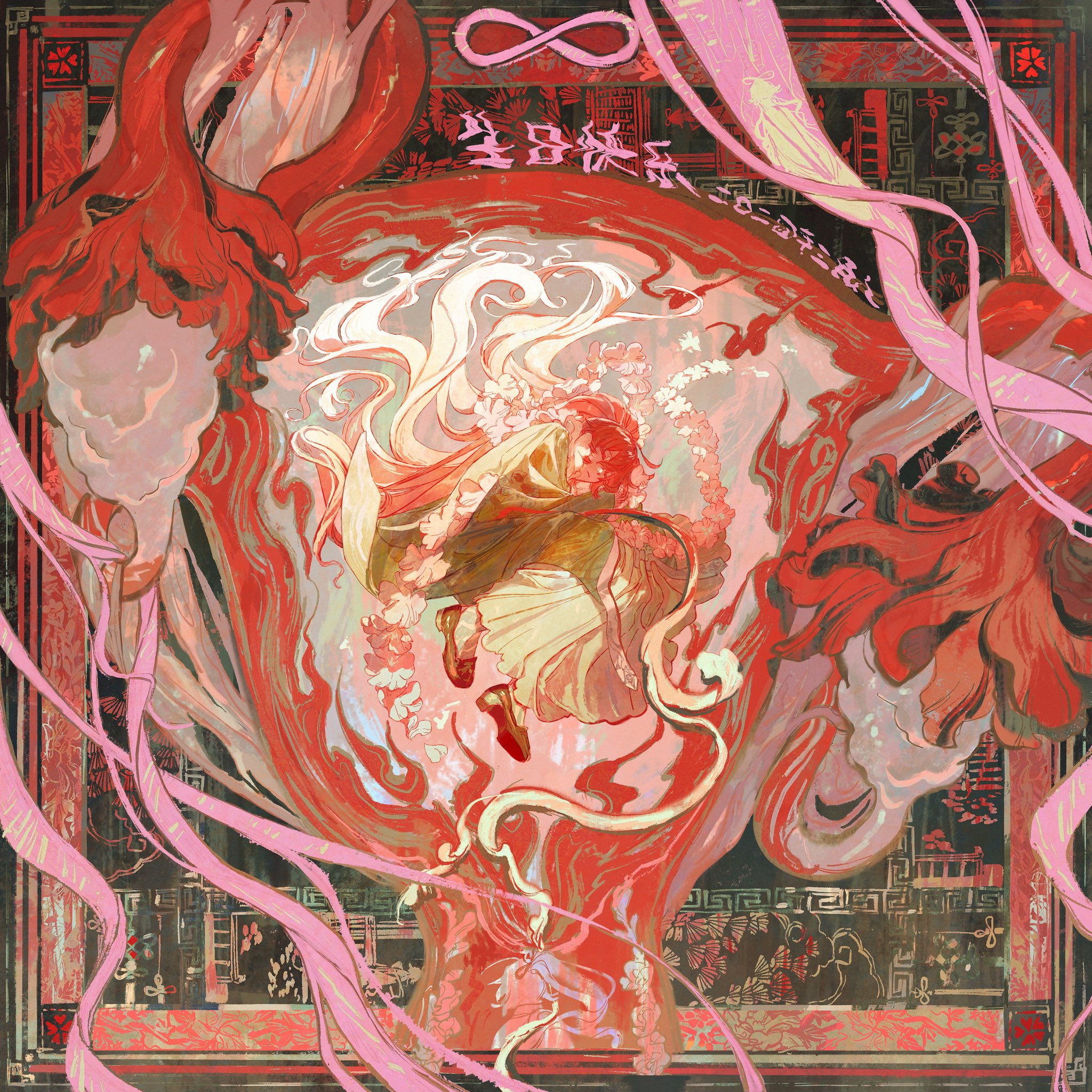 this digital art piece is a surreal and dreamlike illustration of a woman with long white hair dressed in red and white. she is flowing through a swirling mass of red and pink, with flowers and abstract shapes surrounding her. the background is a complex pattern of red, black, gold, and white, with an infinity symbol at the top and chinese characters throughout. this artwork is a beautiful blend of fantasy and traditional chinese art, creating a mesmerizing and evocative image.