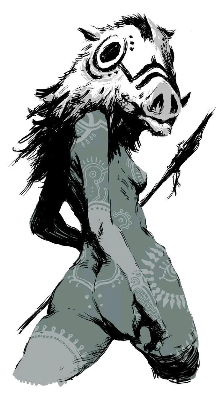 he image is a monochrome illustration of a woman wearing a boar or pig mask.  her body is adorned with intricate tribal tattoos or body paint.  she holds a spear and has a fierce, powerful expression. the style is dark and evocative, suggesting a fantasy or mythical creature. the artwork is highly detailed, with attention paid to both the texture of the mask and the pattern of the tattoos. the overall mood is one of strength and mystery.