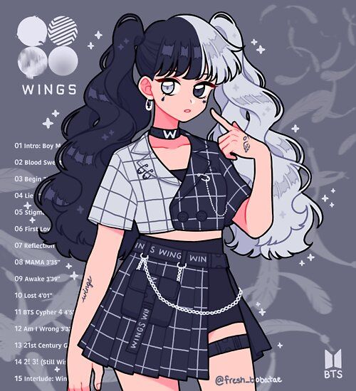 the image is a digital illustration of an anime girl, drawn in a cute and stylish manner. she is wearing a plaid shirt and skirt, and her hair is styled in two long pigtails, half black and half white. she is holding her finger to her lips, and she has a look of focus on her face. the background is a simple grey color, with some white stars scattered around. the girl is a fan art of a kpop idol, dressed in a style reminiscent of bts's "wings" era. the words "wings" and "win" are prominently displayed on her clothing. the illustration is a good example of fan art that captures the essence of a particular idol group or era.