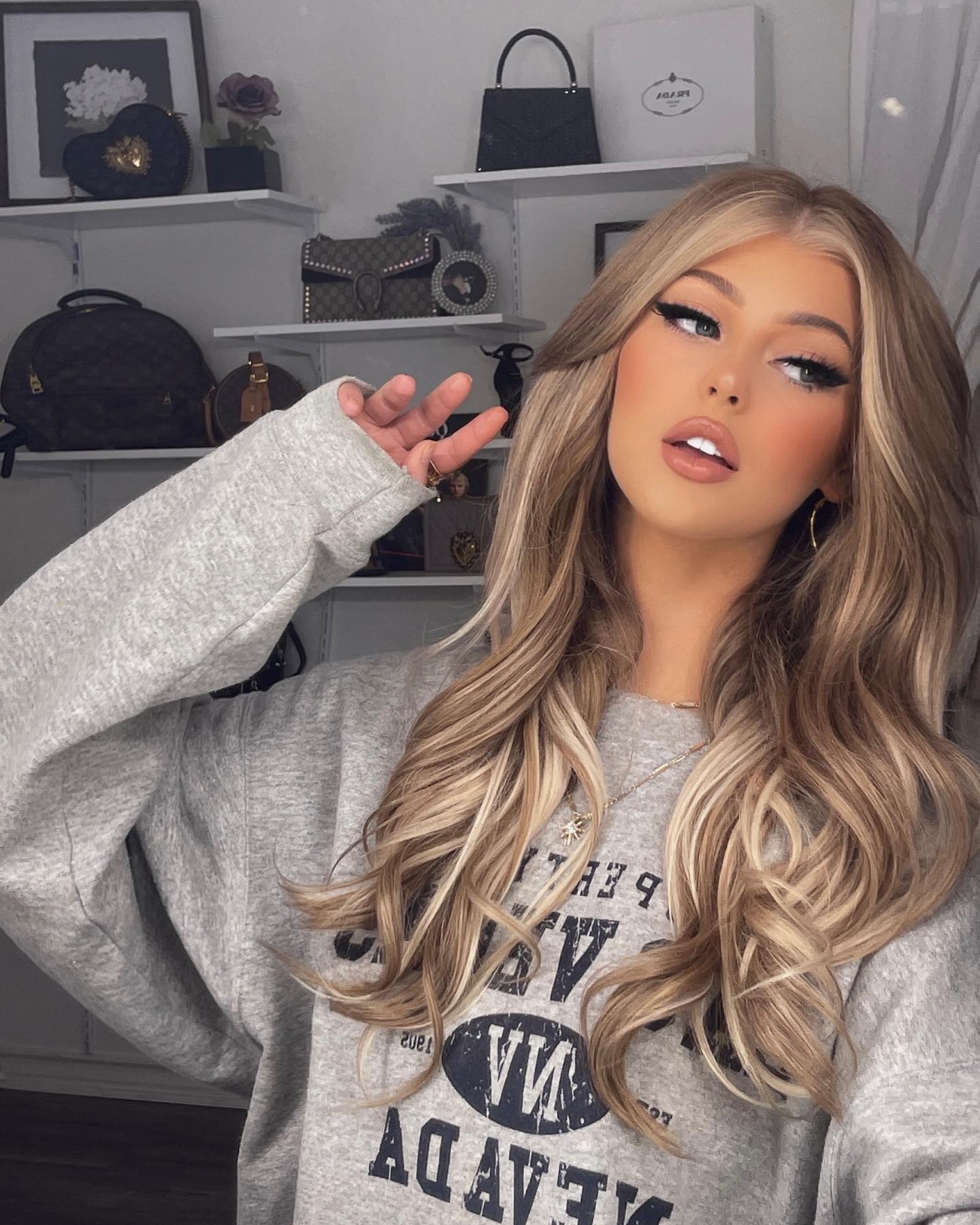 a woman with blonde hair is posing in front of a shelf with bags on it. she is wearing a grey sweatshirt and jewelry. she is also wearing makeup.