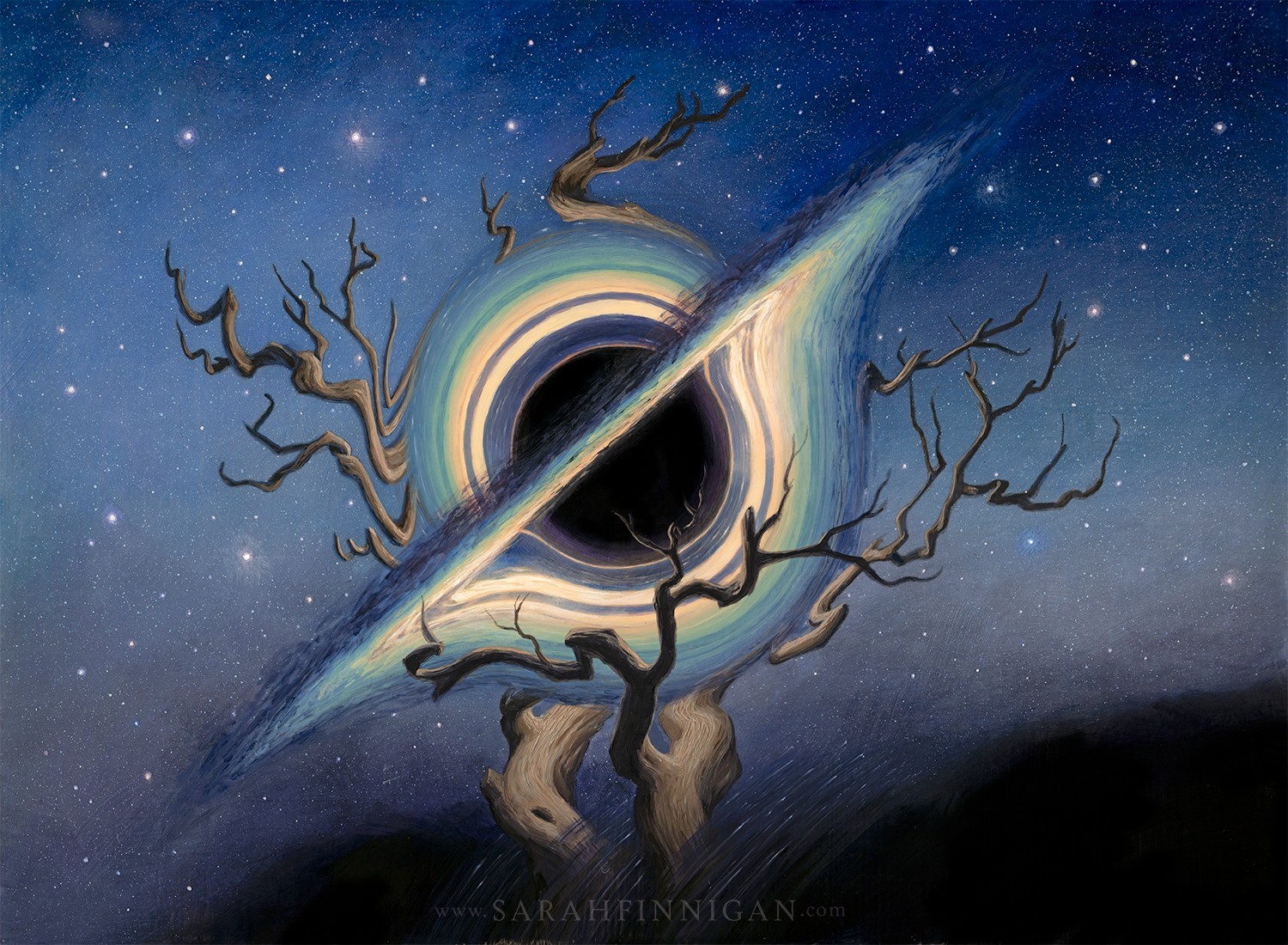the painting depicts a black hole in the center, surrounded by a swirling accretion disk of gas and dust. the event horizon, the point of no return, is a stark black void. two bare, skeletal trees frame the black hole, their branches reaching towards the singularity. the background is a deep blue night sky filled with countless stars.