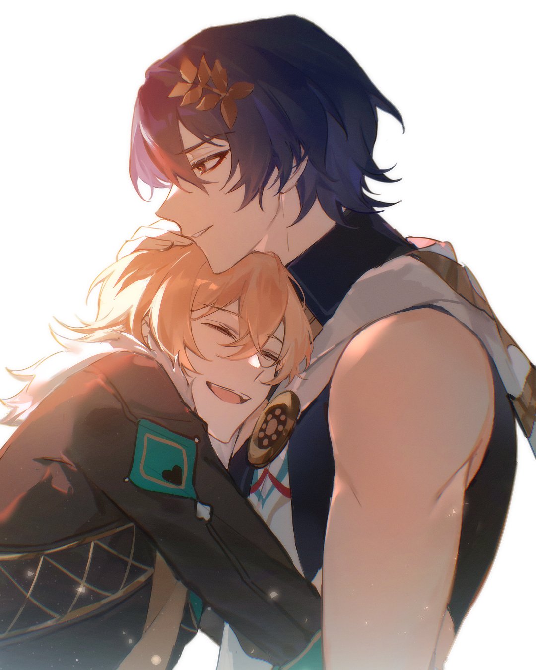 the image shows a  loving embrace between two young anime boys. the boy on the left is dressed in a stylish jacket, while the boy on the right is in a  casual attire, with a headband on his head.  both are smiling warmly at each other, conveying a deep sense of love and intimacy. the scene is filled with a warm glow,  highlighting the connection between the two. the boy on the left is clutching his hand around the back of the other boy while holding his other hand around the boy's waist.