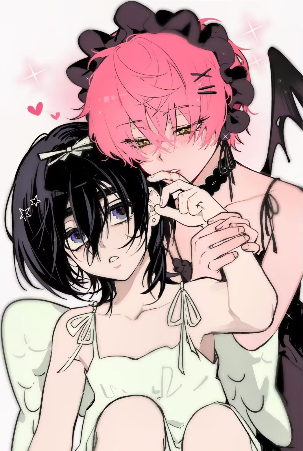 the image shows two anime girls. the girl on the left has black hair and angel wings. she's wearing a white dress. the girl on the right has pink hair and devil wings. she's wearing a black dress. they're both looking at each other and smiling. they look very happy together. the image is drawn in a very cute and bubbly style.
