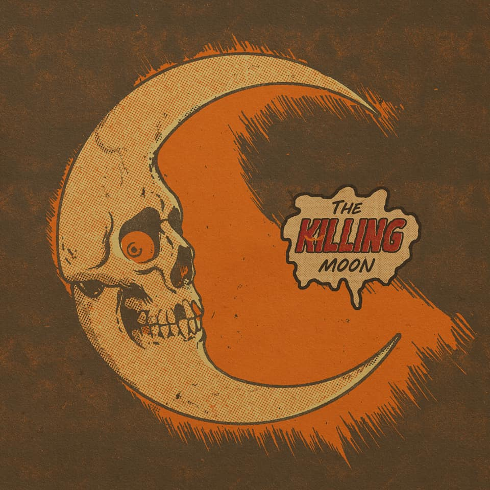 the image is a stylized illustration in a vintage comic book or pop art style.  it depicts a crescent moon formed from a human skull. the skull is detailed, showing teeth and an eye socket. the overall color palette is dark brown and orange, giving it a grunge and slightly spooky feel. the text "the killing moon" is presented in a classic comic book speech bubble. the style suggests it could be album art or a poster, possibly related to halloween or a similar theme. the background has a textured appearance, adding to the vintage effect.