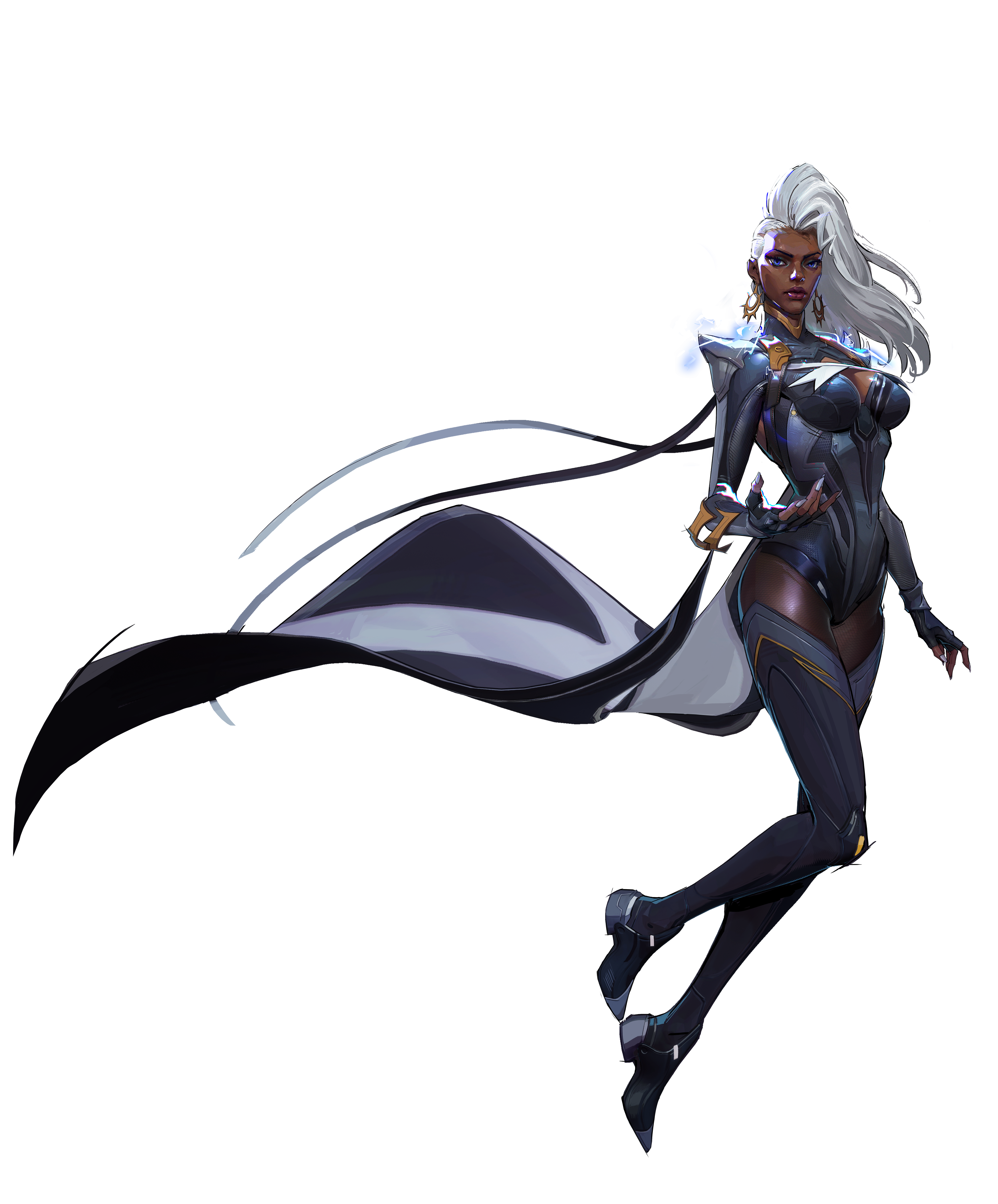 a digital illustration of the marvel comics character storm, a female superhero with white hair, wearing a black futuristic costume with a cape, earrings, and lightning effects. she is posed dynamically against a black background.