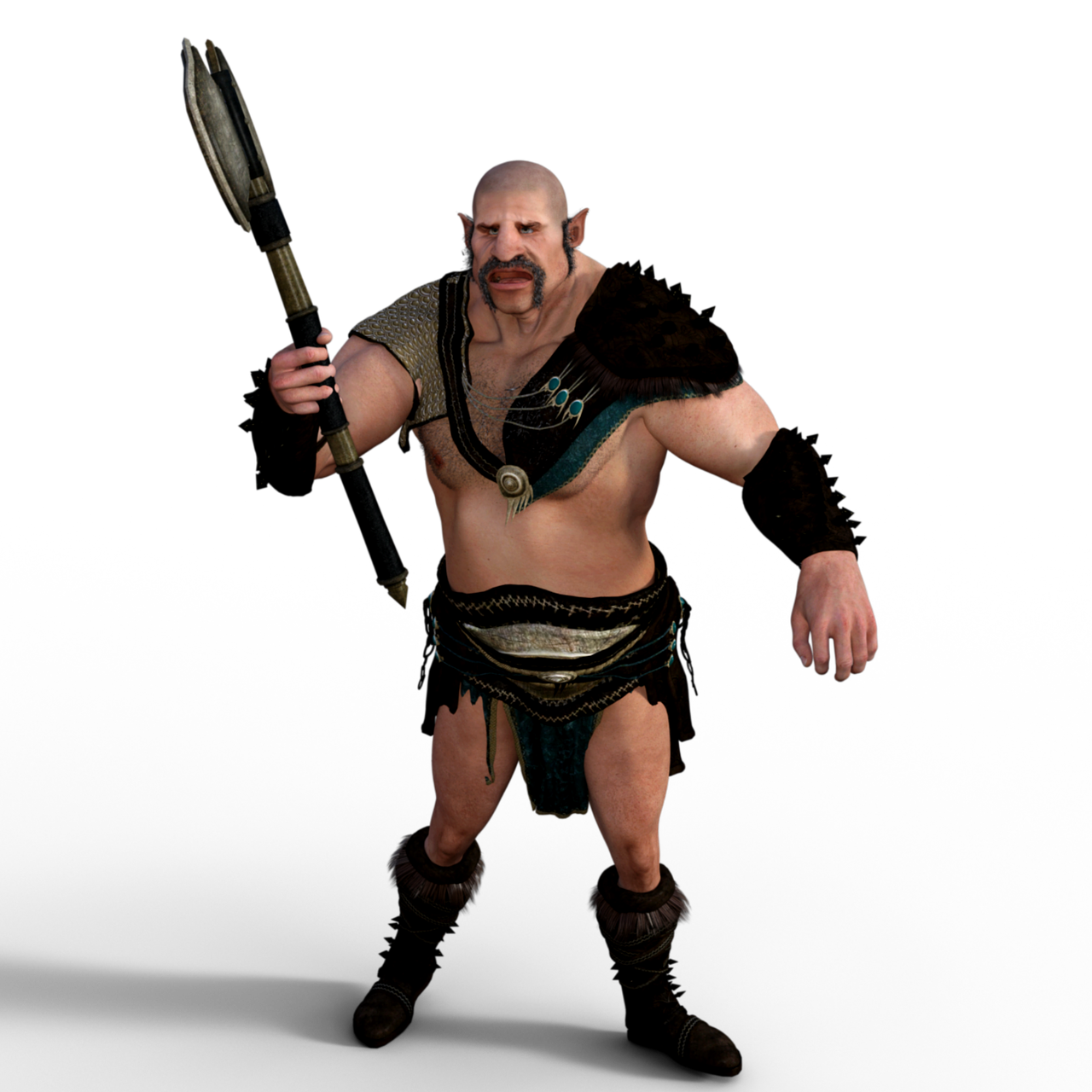 a fullbody shot of a muscular orc warrior with a bald head and large mustache, holding a spear. he is wearing minimal armor, including fur shoulder pads, a metal breastplate, a decorative belt, and dark boots. the background is solid black.