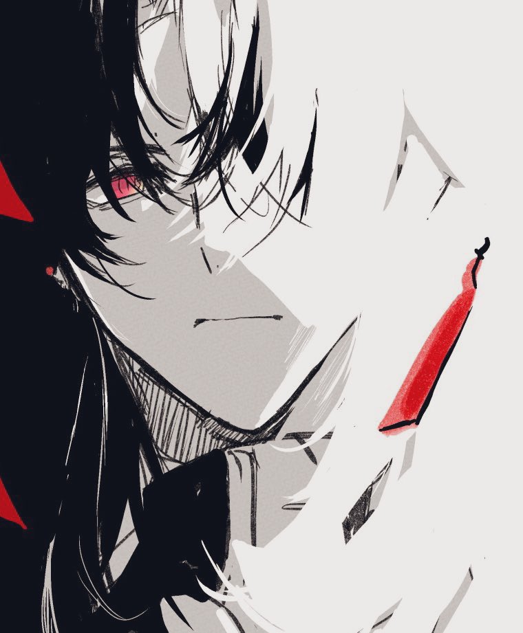 a digital sketch of an anime character with black hair and red eyes, looking away from the viewer. the character is shown from the chest up, with only the face and shoulders visible. the character has a white streak of hair in their hair, and the background is a blur of white and red.