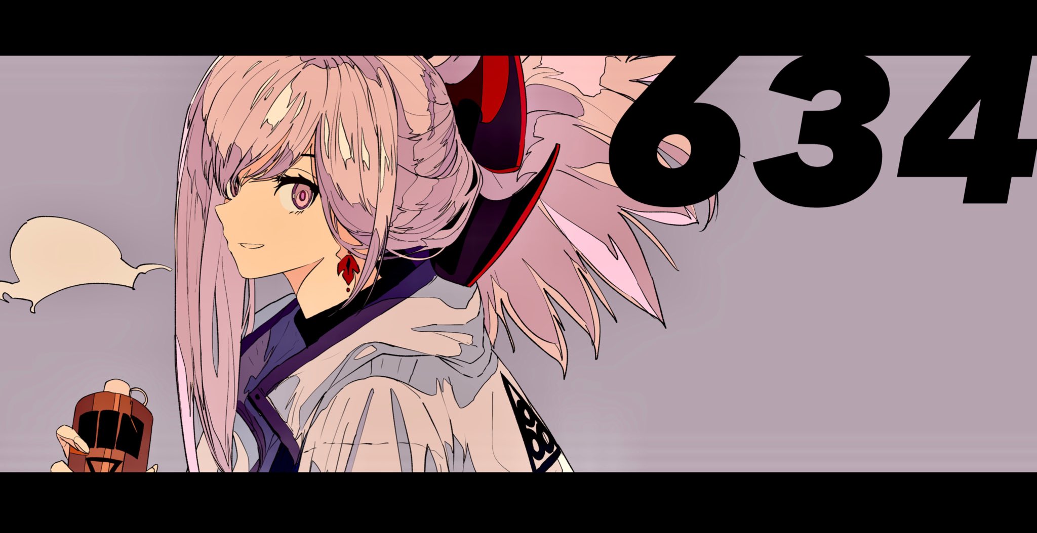 the image is a stylized digital illustration or artwork featuring an animestyle female character. she has long, flowing pink and purple hair that is somewhat windblown, styled in a way that suggests a high ponytail or bun. she's wearing a casual outfit with a white hoodie or jacket and purple undershirt.  she's shown in profile view, looking off to her right.  she has pink eyes and wears red earrings. she appears to be holding a small, darkcolored object that looks like a grenade or bomb in her left hand. a small puff of smoke is visible behind her. a large number "634" is overlaid on the image in bold black font. the background is a muted purple tone. the overall art style leans towards a manga or anime aesthetic, with a focus on clean lines and bold colors.