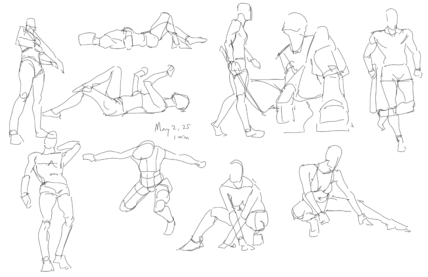 the image contains multiple quick sketches of human figures in various poses. the drawings are done in a minimalist line art style, focusing on gesture and basic anatomy. the poses include standing, walking, lying down, sitting, and dynamic action poses. a date and a time notation ("may 2, 25, 1 min") is visible, suggesting these were timed exercises.