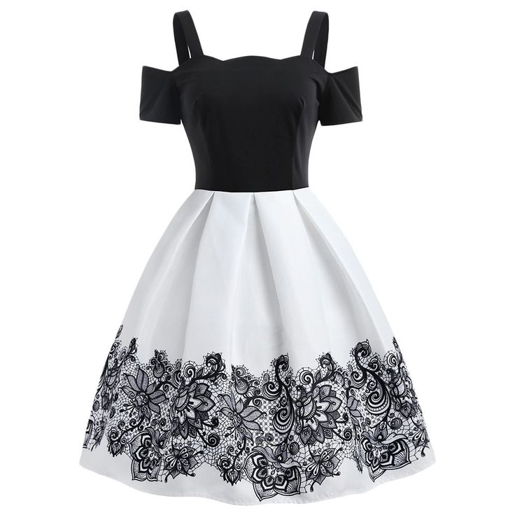 this is a black and white dress with a lace pattern at the bottom. it has cold shoulders and is sleeveless. the dress is fitted at the top and flows out to a full skirt at the bottom. it would be perfect for a summer party, a cocktail event, or a wedding.