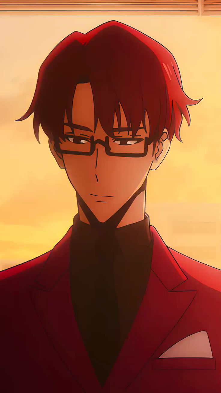 an anime man with rectangular glasses and a red suit stands in front of a window with yellow lighting. his expression is serious and stoic.