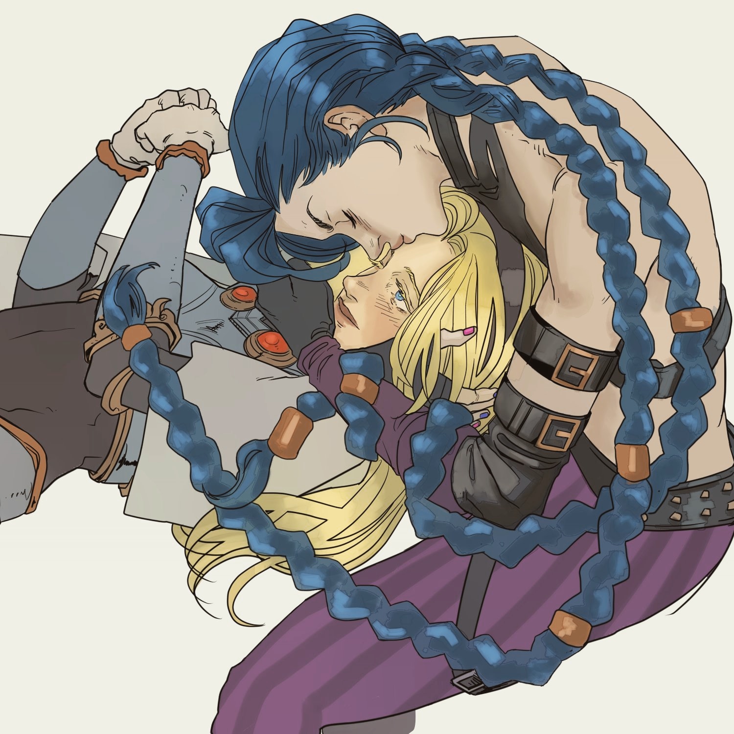 the image depicts two female characters, jinx and vi, from the arcane animated series kissing in a loving embrace. jinx is depicted with long, blue braids, tattoos on her arms, and wearing a black top and purple pants. vi has blonde hair and is wearing a dark gray outfit. the art style is reminiscent of anime or cartoon.