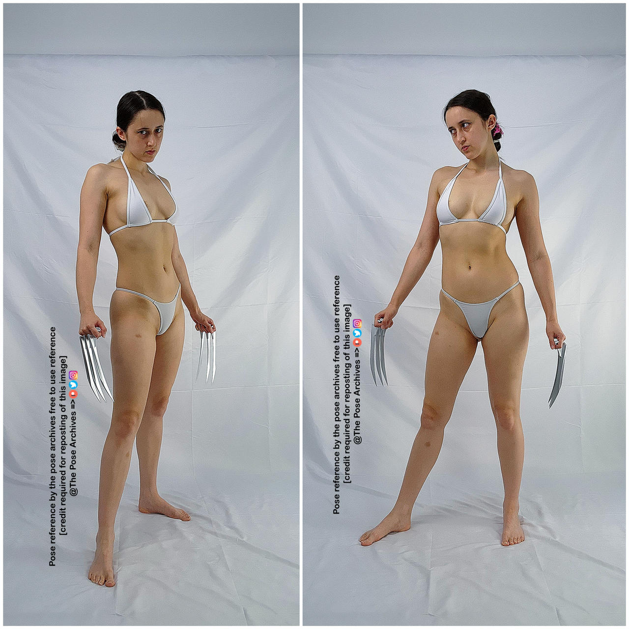 a woman in a white bikini stands against a white background, holding a pair of silver claws in each hand. the image is a reference photo for artists, and the text on the image indicates that it is free to use with credit.
