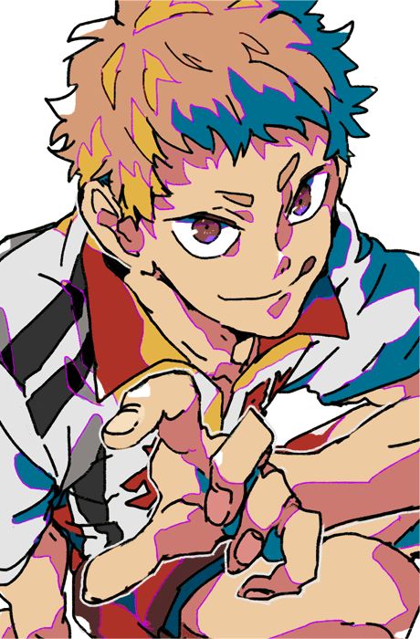 a vibrant, stylized illustration of an anime or manga boy character. he has blond and teal hair, expressive eyes, and is depicted in a dynamic pose, possibly athletic or actionoriented. his clothing suggests a sporty or athletic theme. the art style is colorful and energetic, with bold lines and a graphic feel. the character appears confident and possibly smirking. the overall impression is one of dynamism and energy.
