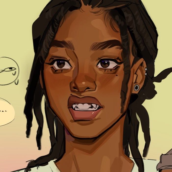 the image is a digital illustration of a young black woman's head and shoulders. she has long, dark braids or dreadlocks and is wearing small earrings. her expression is serious, almost pensive, with slightly frowning eyebrows and visible fangs. the style is a stylized cartoon or comicstyle illustration with warm color tones, a focus on expressive features, and a slightly exaggerated facial structure.  in the background, there are simple, sketchy thought bubbles, adding to the narrative feel of the piece. the overall mood is intriguing and suggestive of an underlying story.