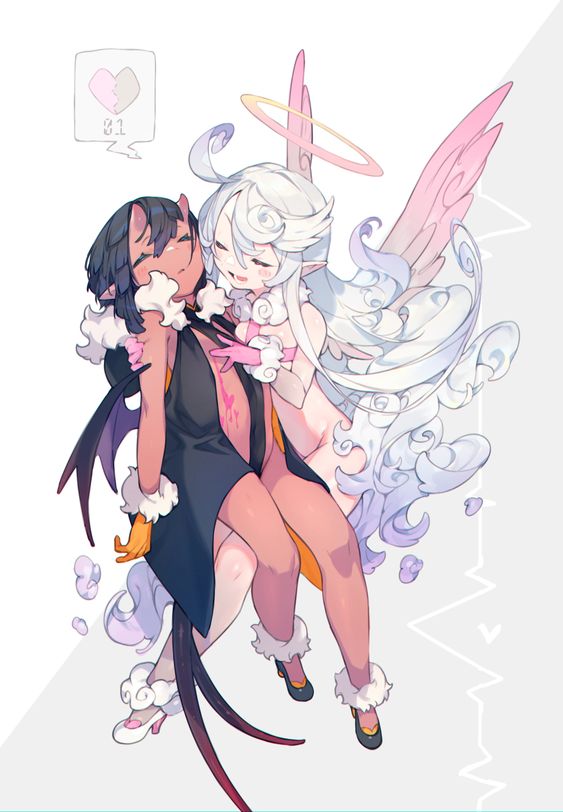 he image showcases an angel and a demon embracing each other against a white background accentuated by a faint heartbeat line and a heart monitor graphic. the angel, with white hair, fair skin, and pinkfeathered wings, is holding the wounded demon tenderly. the demon, with dark skin, black hair, and a black tail, appears comforted by the angel's touch. the angel's halo shines above them, symbolizing a stark contrast to the demon's small horns. the scene evokes a sense of forbidden love and tenderness despite their opposing natures.