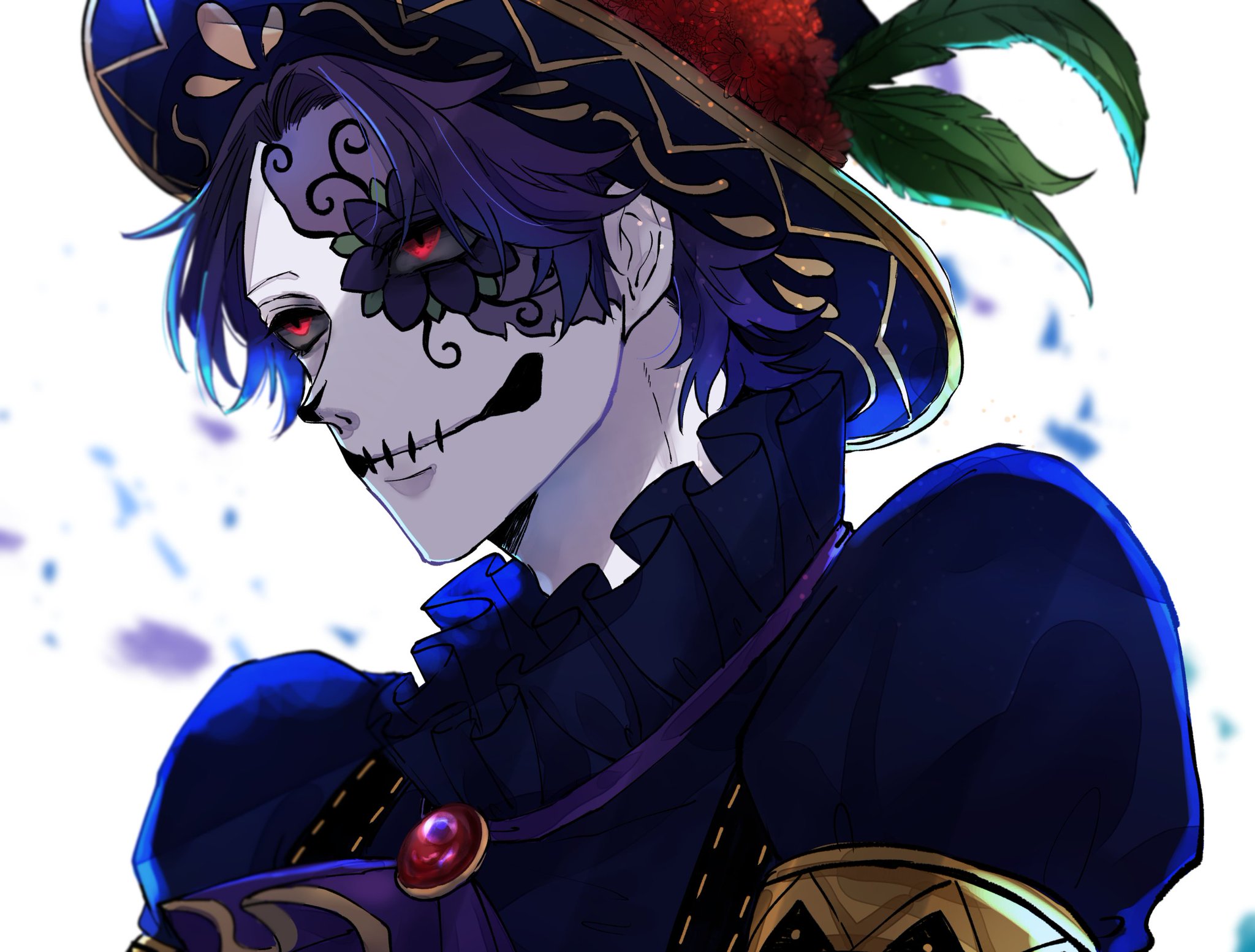 a digital illustration of an anime character wearing a large hat with a skull mask. the character is wearing a blue and purple costume, with gold accents. the background is white with a few blue and purple shapes.
