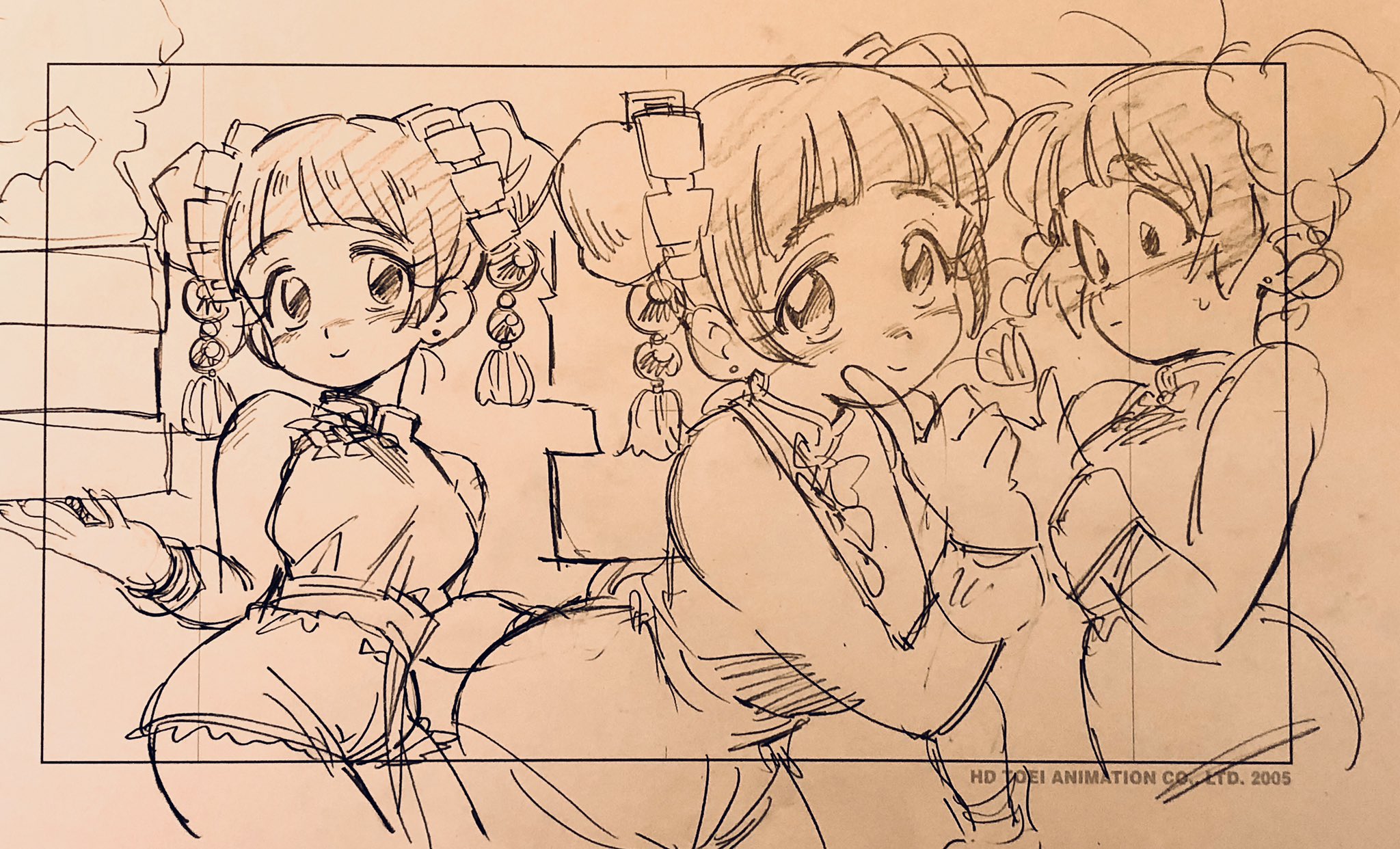 this image is a scanned pencil sketch of three girls in chinese dresses posing in what appears to be a restaurant. the sketch seems to be concept art or a rough draft for an illustration. the background shows hints of furniture, indicating an indoor setting. the line work is loose and expressive, suggesting movement and personality.