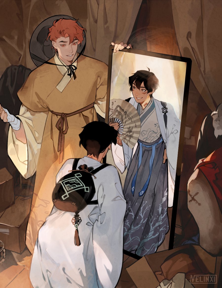 a digitally drawn image shows three young men with a mirror in an indoor setting. one man with reddish hair stands to the left and holds the mirror. the mirror shows a second man with dark hair smiling and holding a fan while wearing a light blue and gray hanfu. a third man, also with dark hair, stands with his back facing the viewer. he is wearing a white hanfu and backpack.