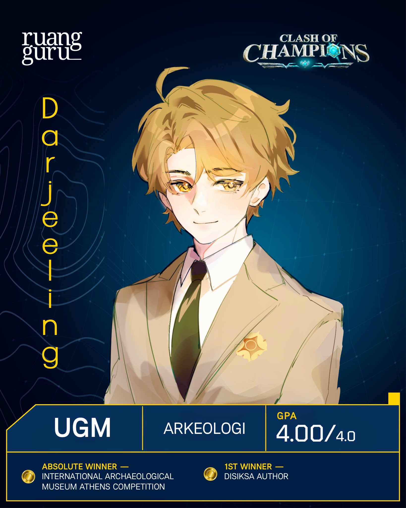 the image features a young man with blonde hair in a beige suit jacket and a yellow tie. he is depicted in a digital illustration with a light background. the man is presented as the "absolute winner" of the "international archaeological museum athens competition". in the bottom right corner of the image, the "clash of champions" logo is seen. the words "darjeeling", "ugm", "arkeologi", and "gpa 4.00/4.0" are written on the image. at the bottom of the image are the words "absolute winner" and "1st winner" which are followed by a description of what the man won for each. the image is likely meant to be a celebratory image for the man's accomplishments.