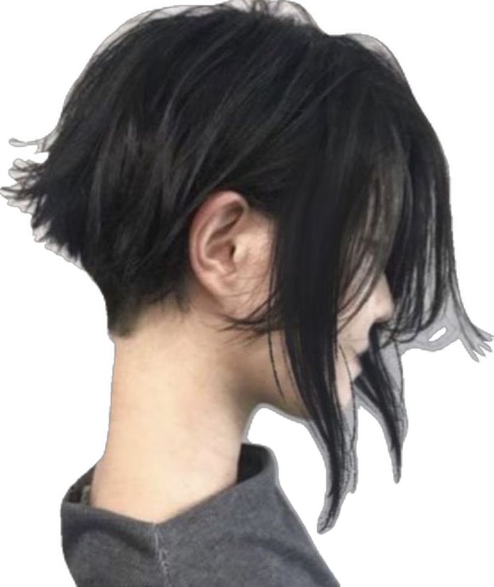 closeup profile view of a woman with a short, asymmetrical black bob haircut. the hair is styled with choppy layers and texture, creating a slightly messy yet stylish look.  her hair is parted on the side. she is wearing a gray shirt. the background is white.  the image is focused on her hair and hairstyle.