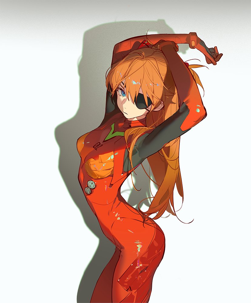 the image shows a full body portrait of asuka langley sohryu from evangelion. she has long orange hair, blue eyes, and wears an eye patch over one eye. asuka is dressed in her signature tightfitting red plugsuit. she has both hands in the air behind her head. a light source from above casts a shadow to her left against a white backdrop.