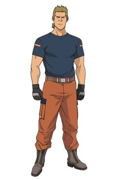 the image shows a male anime character standing against a white background. he is wearing an orange cargo pants, and a navy blue tshirt. he has blonde hair and is wearing black gloves.