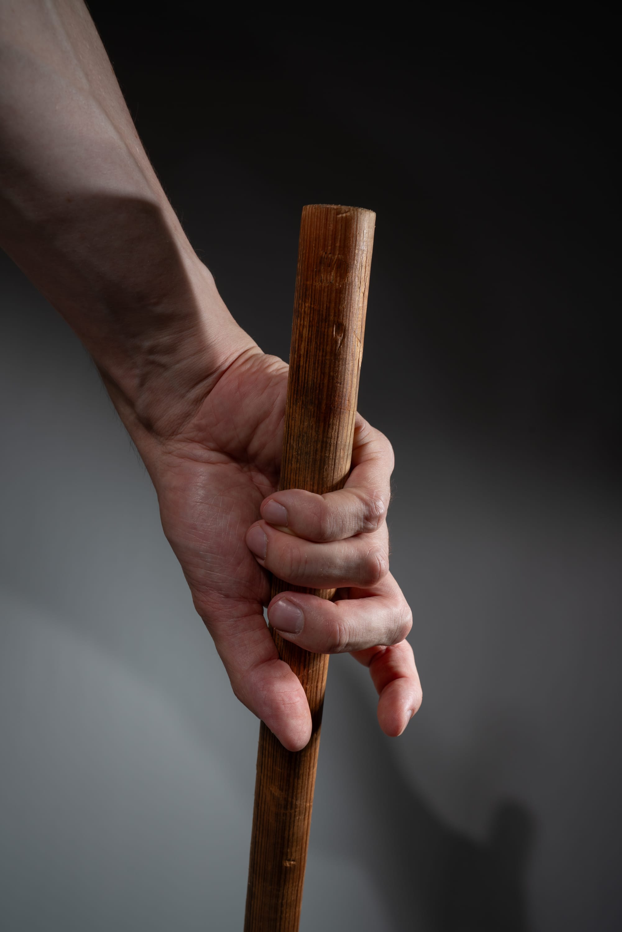 the image showcases a muscular man's hand tightly gripping a rustic wooden stick. the closeup perspective emphasizes the strength and firmness of his hold. the soft lighting creates a dramatic effect, highlighting the texture of the wood and the veins on his hand. the overall composition conveys a sense of power and determination.