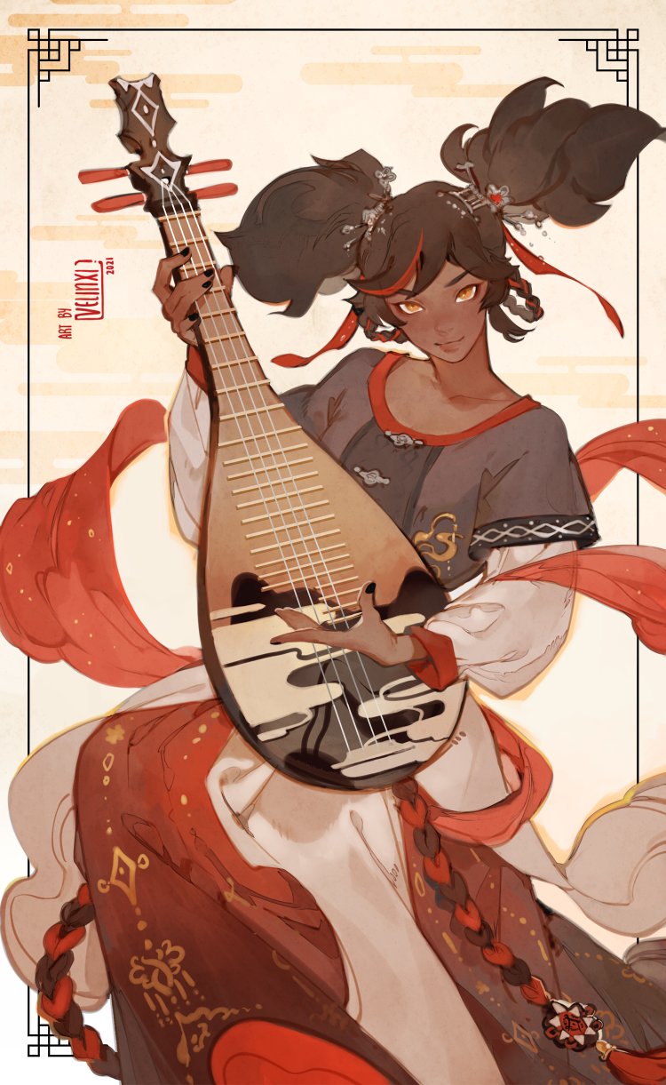 the image shows a woman playing a pipa. she has braids and wears a dress. the artwork style is reminiscent of traditional chinese art, with cloud motifs and a decorative frame. the color scheme includes red, white, and tan hues.