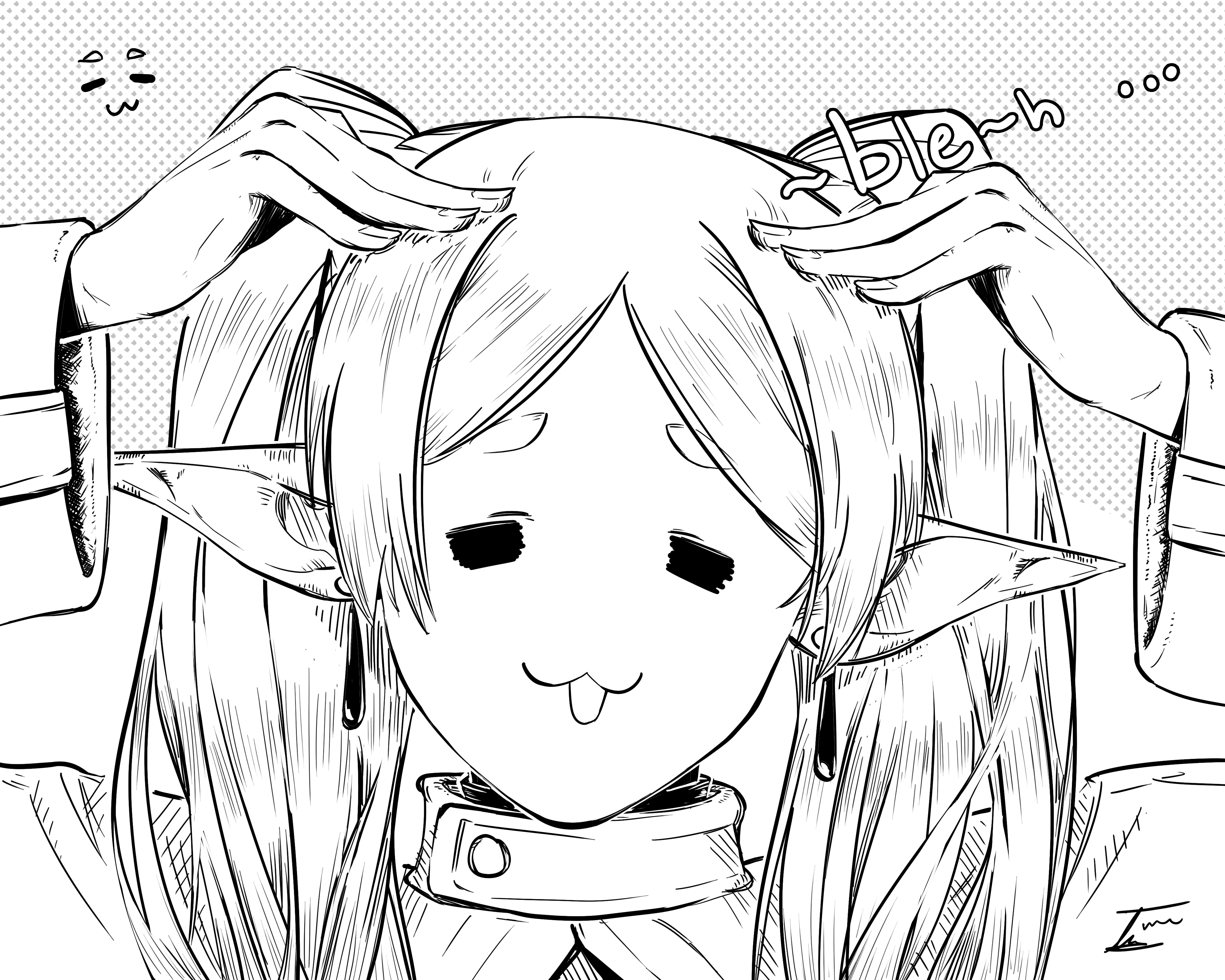 a black and white line art drawing of an anime girl with long hair and pointy elf ears. she has a disgusted expression on her face and is making a "blech" gesture with her hand. she is wearing a collared shirt and has a pair of earrings. the drawing is done in a cartoon style and is set against a background of a dotted pattern.
