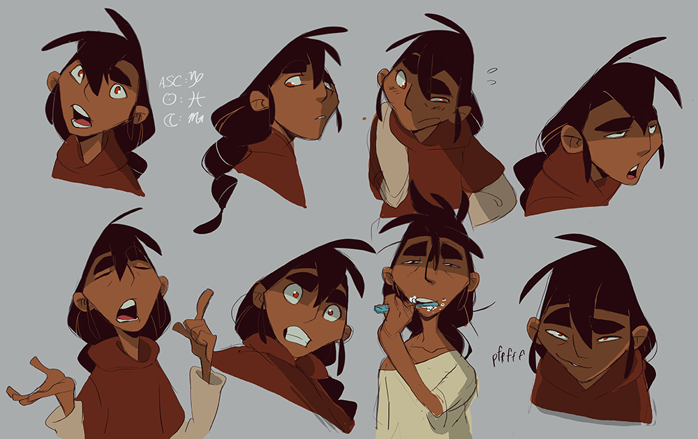 this image is a set of character design sketches for a young male cartoon character.  he has brown skin, dark hair, and brown eyes.  the sketches show a variety of expressions, from surprised to sleepy. the art style is loose and playful,  and the image suggests that this character is a young man full of life and energy.