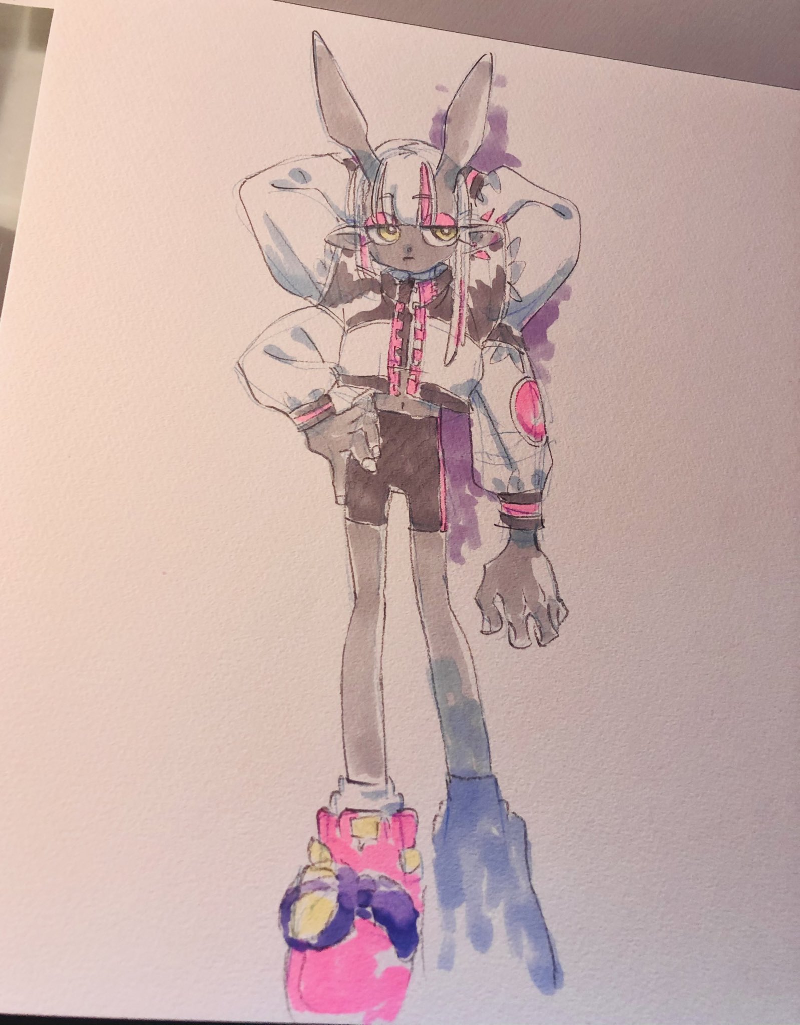 a fullbody illustration of a stylish rabbit girl. she has long white hair, dark skin, and is wearing a white, pink, and black streetwear outfit featuring a bomber jacket, crop top, shorts, and chunky sneakers. the drawing is done in a cartoonish style with exaggerated features.  the background is plain white paper.