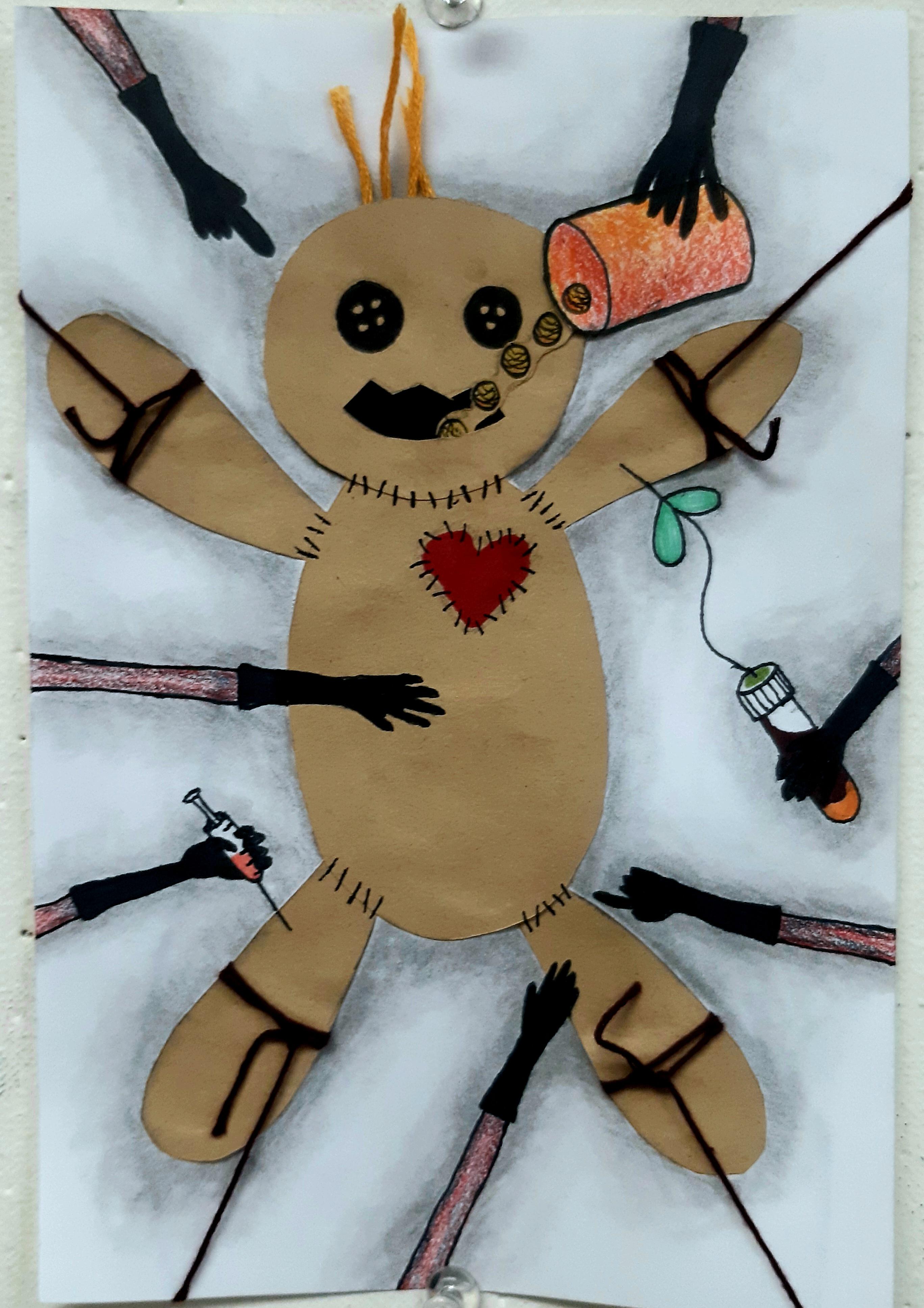 a handdrawn illustration of a voodoo doll with a heart. there are several hands reaching towards the doll and interacting with it in different ways. the image is very dark and eerie, evoking a sense of unease and dread. the doll is wearing stitches on its body with pins and needles sticking into it.  the image could be interpreted as a metaphor for the abuse or mistreatment of someone.