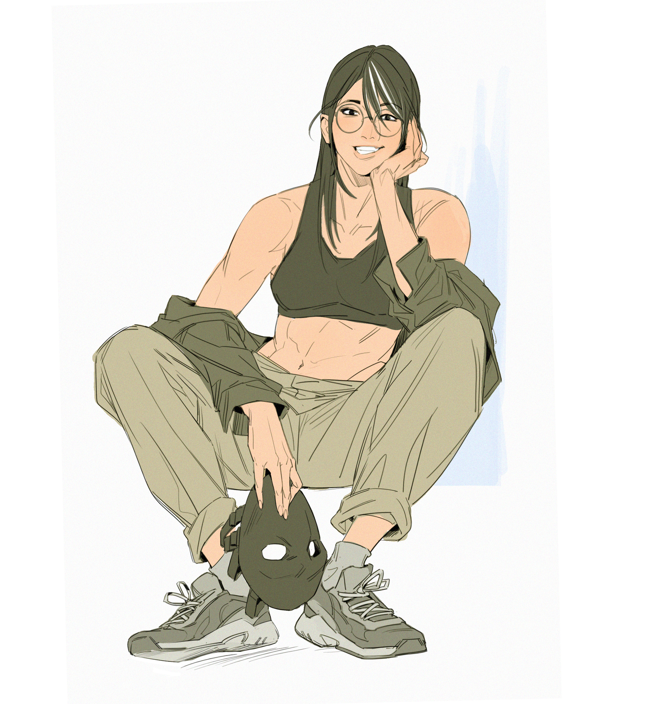 he image shows a stylized illustration or drawing of a young woman. she is depicted sitting with her legs crossed, wearing casual clothing including sneakers, loose pants and a cropped sports bra. she has long dark hair, round glasses, and a slightly muscular build. her posture is relaxed and she is smiling softly, giving a confident and approachable vibe. she is holding a darkcolored mask in her hands. the art style is reminiscent of anime or manga, with clean lines and a focus on character design. the background is a light, muted color.
