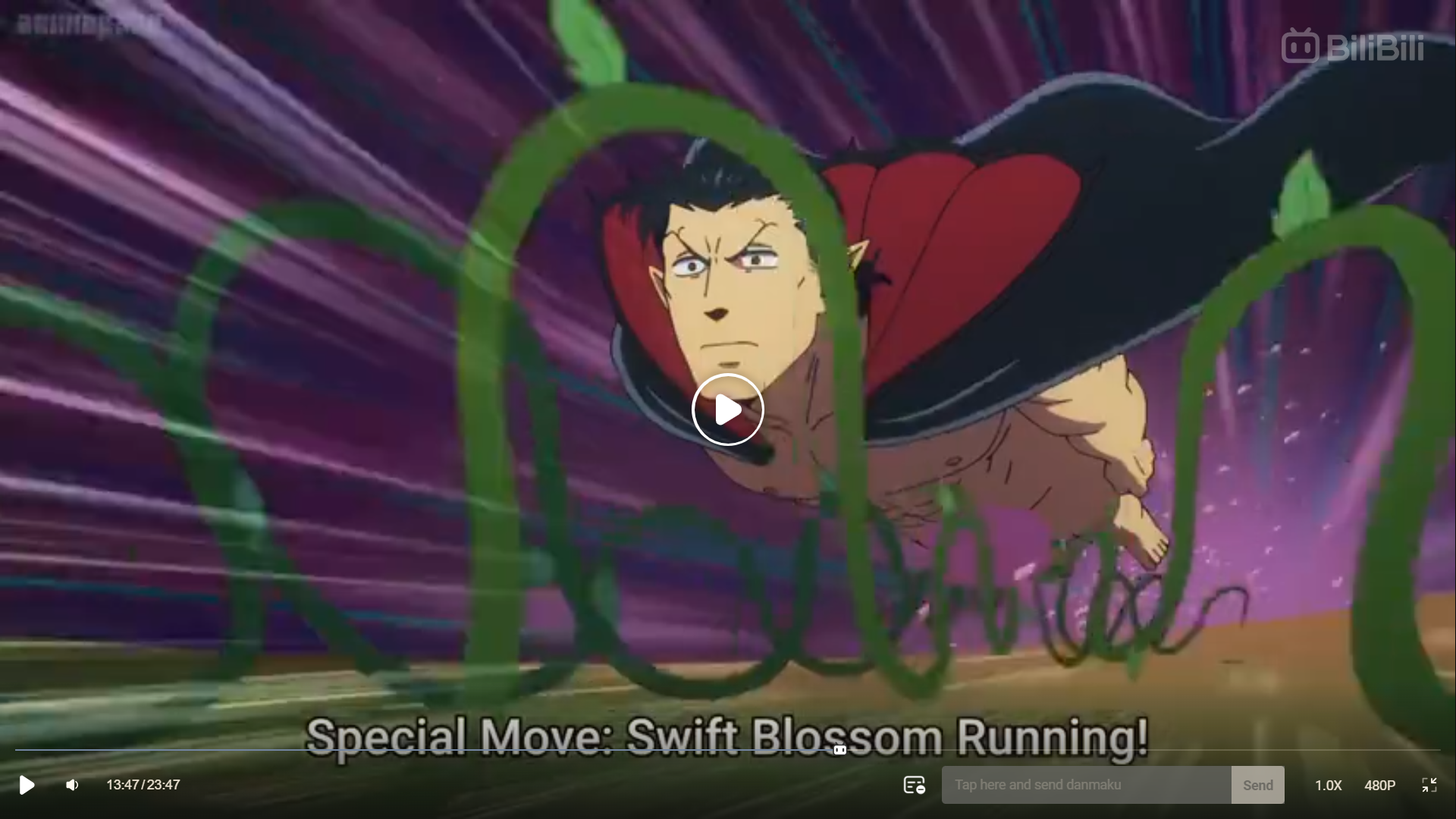 a screenshot of anime scene with a muscular, barechested vampire flying through the air. green vinelike energy trails behind him as he's propelled forward. the text "special move: swift blossom running!" appears at the bottom of the image in white and yellow text. the background is purple with streaks of pink.