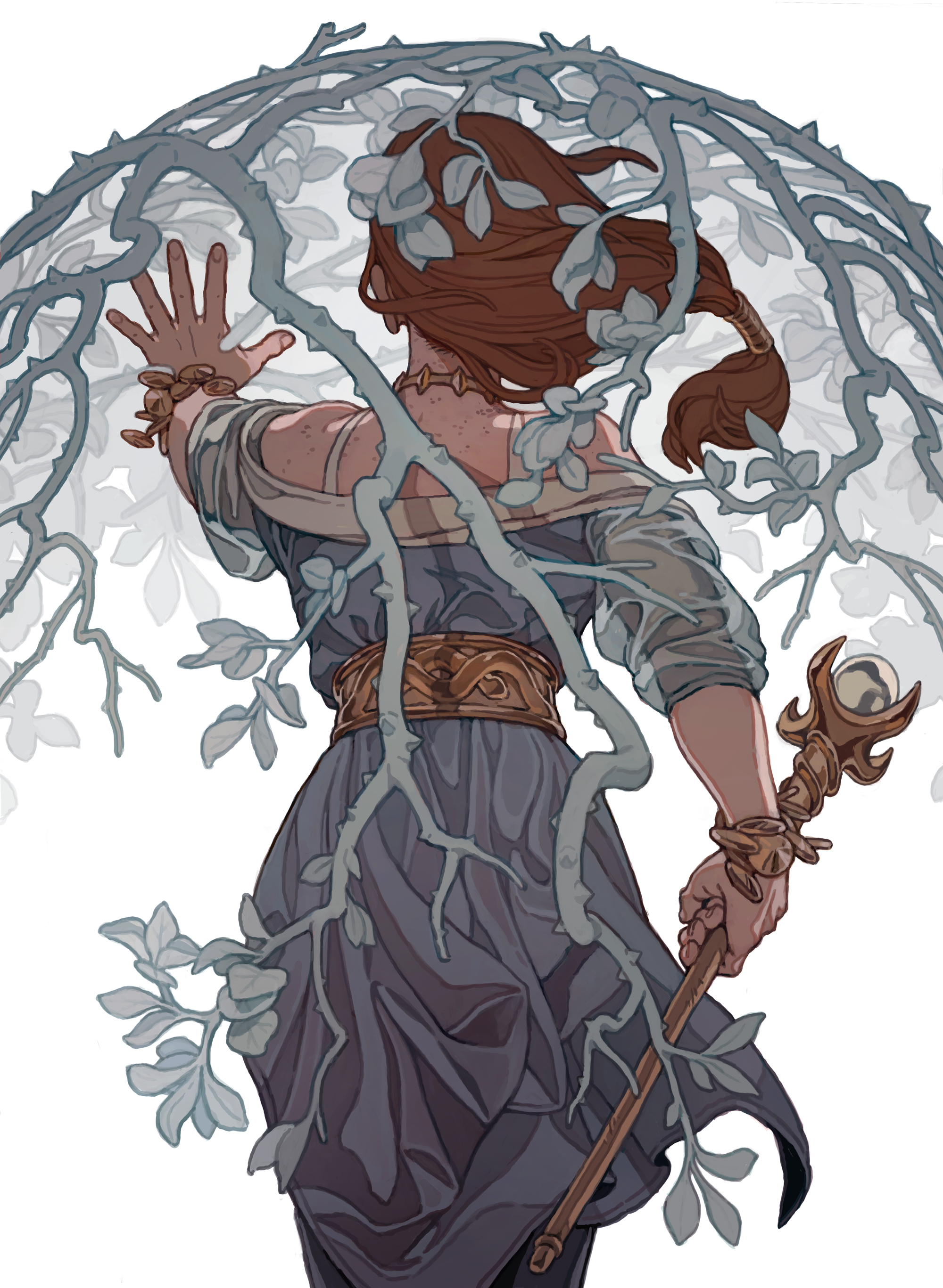 this is a digital illustration of a woman with long brown hair, wearing a blue dress and a gold belt. she is standing with her back to the viewer and reaching out with her open palm, as if casting a spell. she is surrounded by twisting branches, vines, and leaves, suggesting that she is a magical being who is connected to nature. she is holding a wooden staff with a large orb at the top. she has jewelry on her wrists, arms and neck, showing a bit of her shoulders and back.