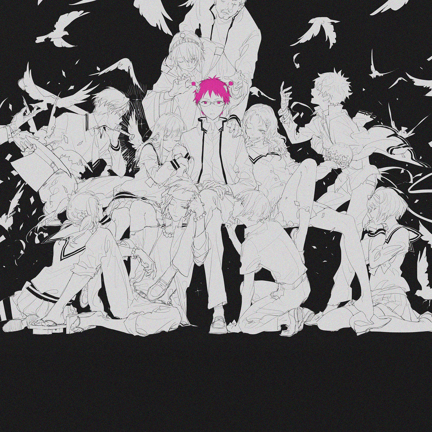 the image is an animestyle illustration. it features a group of people surrounding a central figure with pink hair. many of the people are in various poses, such as sitting, kneeling, or leaning on each other. there are also birds depicted in the background, set against a solid black backdrop. the artwork is primarily black and white, with the exception of the pink hair of the central character. the style of the image is akin to a detailed outline drawing.