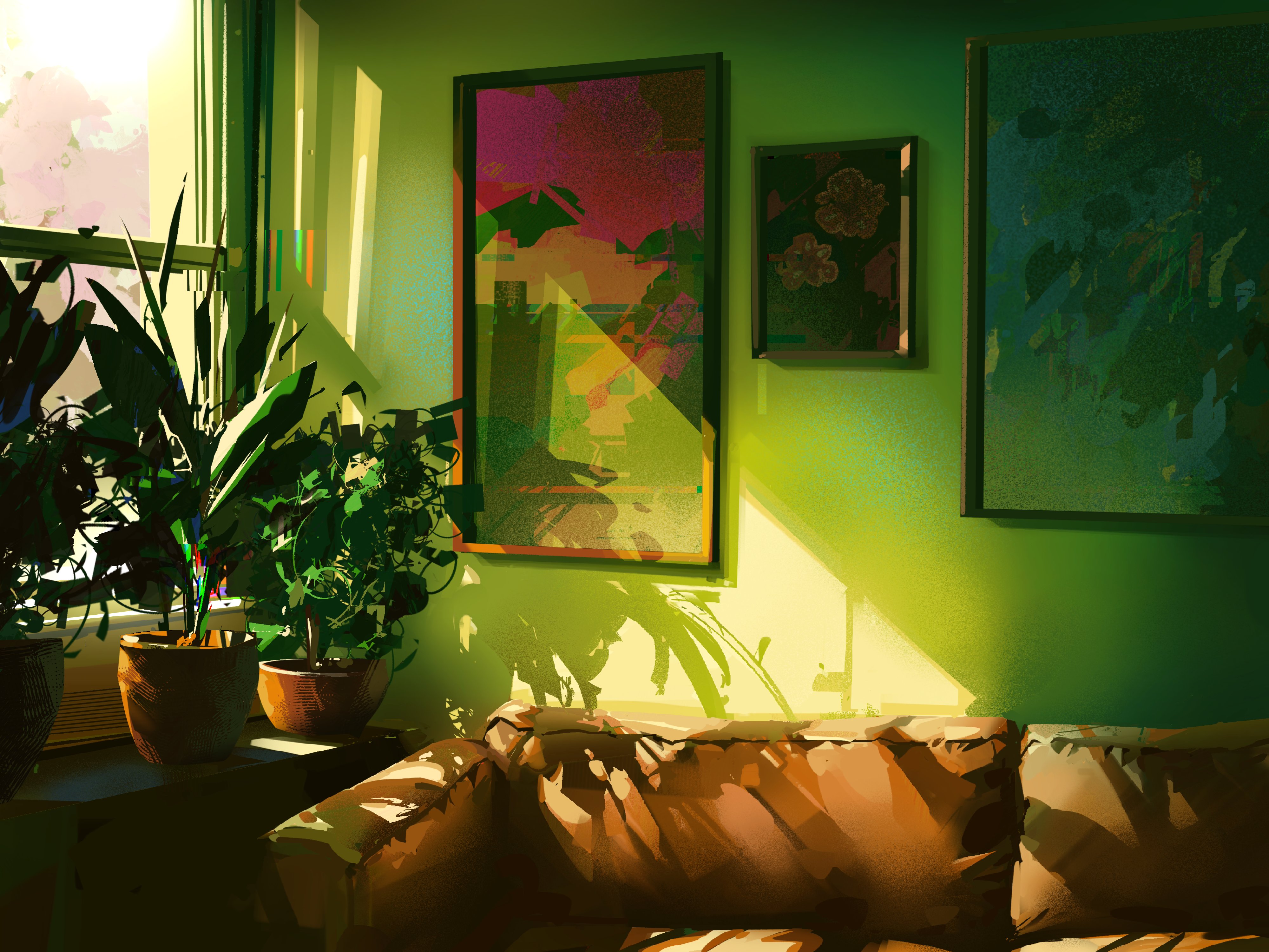 a cozy indoor scene bathed in warm sunlight. the foreground features a brown couch with visible pillows, partially illuminated by the sun. to the left, a window sill is adorned with potted plants of various sizes and types. the light streaming through the window casts sharp shadows of the plants onto the green wall behind the couch. on the wall, there are three framed paintings with abstract designs. the overall ambiance suggests a comfortable, artistic living space.