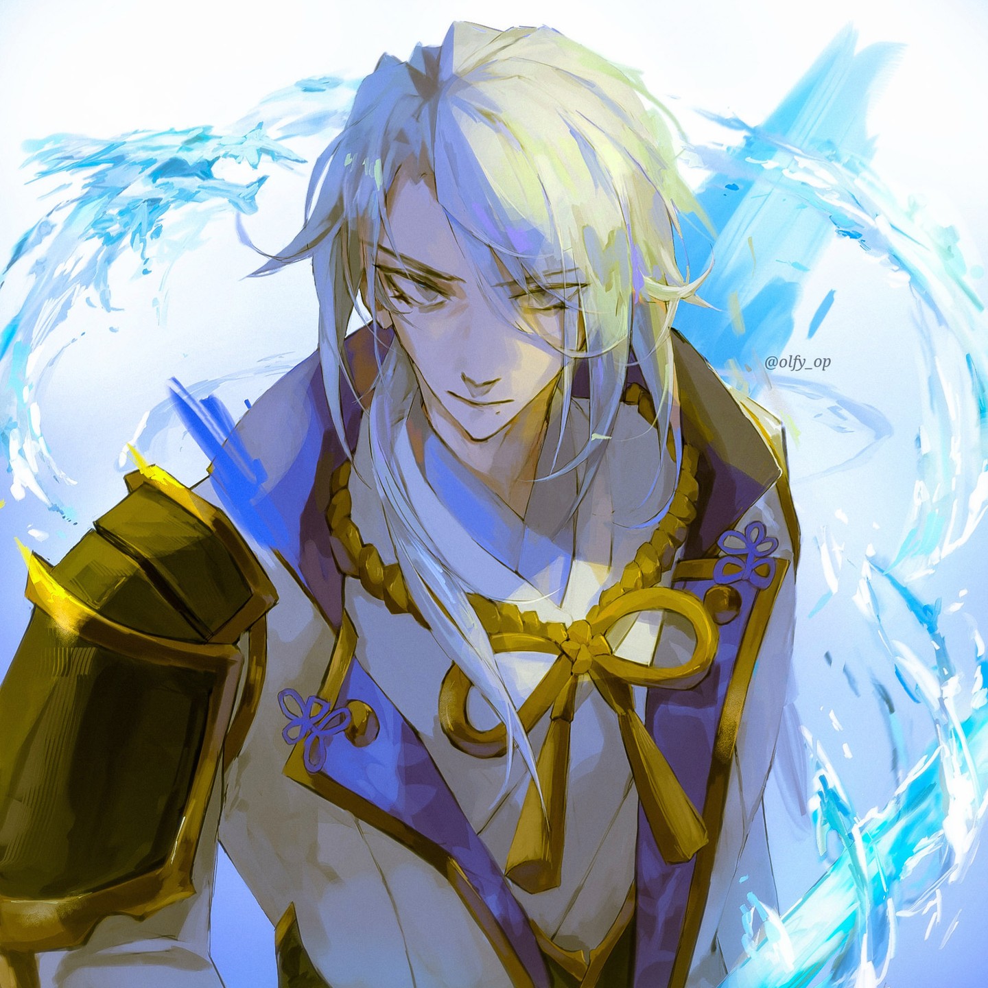 the image is a digital painting of a male anime character. he has long, flowing white hair and is dressed in elegant, asianinspired clothing that blends elements of a kimono and samurai armor.  the clothing is primarily white, with gold and purple accents.  he has a serious, almost pensive expression.  a swirling, luminous blue water effect surrounds him, hinting at a possible waterbased power or magic. the art style is painterly and stylized, with soft lines and a focus on color and atmosphere.  the overall feeling is one of elegance and power.